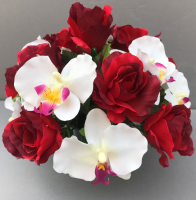 Pot for memorial vase with artificial red roses and white orchids